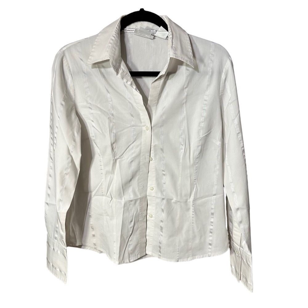 Worthington Women’s White Pinstripe Stretch Long Sleeve Dress Shirt Sz 6